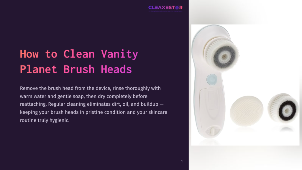 A White Electric Brush With A Rotating Bristle Head, Alongside Two Different Brush Heads For Various Skincare Needs, Set Against A Purple Background. The Text Overlay Reads &Quot;How To Clean Vanity Planet Brush Heads.