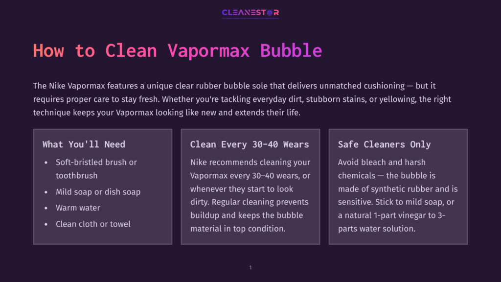 Infographic Titled &Quot;How To Clean Vapormax Bubble&Quot; With Sections On &Quot;What You'Ll Need,&Quot; &Quot;Clean Every 30-40 Wears,&Quot; And &Quot;Safe Cleaners Only,&Quot; Offering Advice For Maintaining Nike Vapormax Shoes.