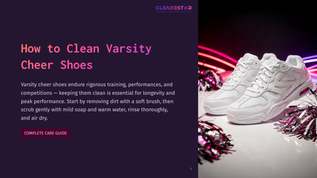 A Pair Of White Varsity Cheerleader Shoes Sit On A White Surface With Pink Pompoms And Glowing Red And Purple Lights In The Background.