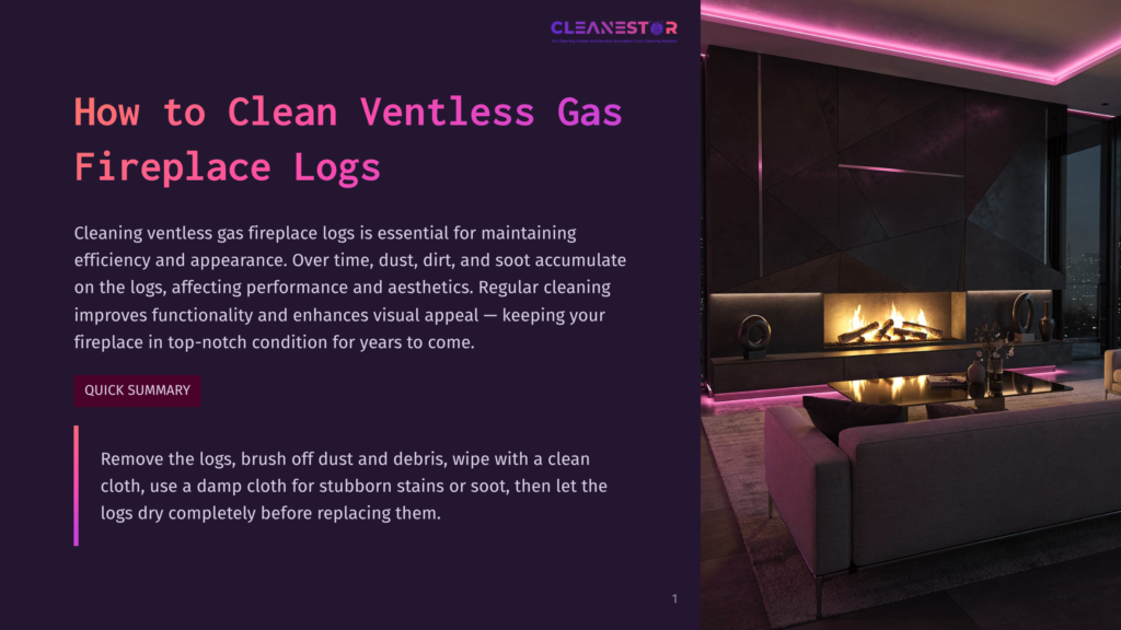 1 How To Clean Ventless Gas Fireplace Logs A Modern, Sleek Fireplace With Glowing Ventless Gas Logs, Surrounded By A Room With Purple Led Lighting And A Glass Coffee Table, Emphasizing The Importance Of Regular Cleaning For Maintaining Efficiency And Appearance.