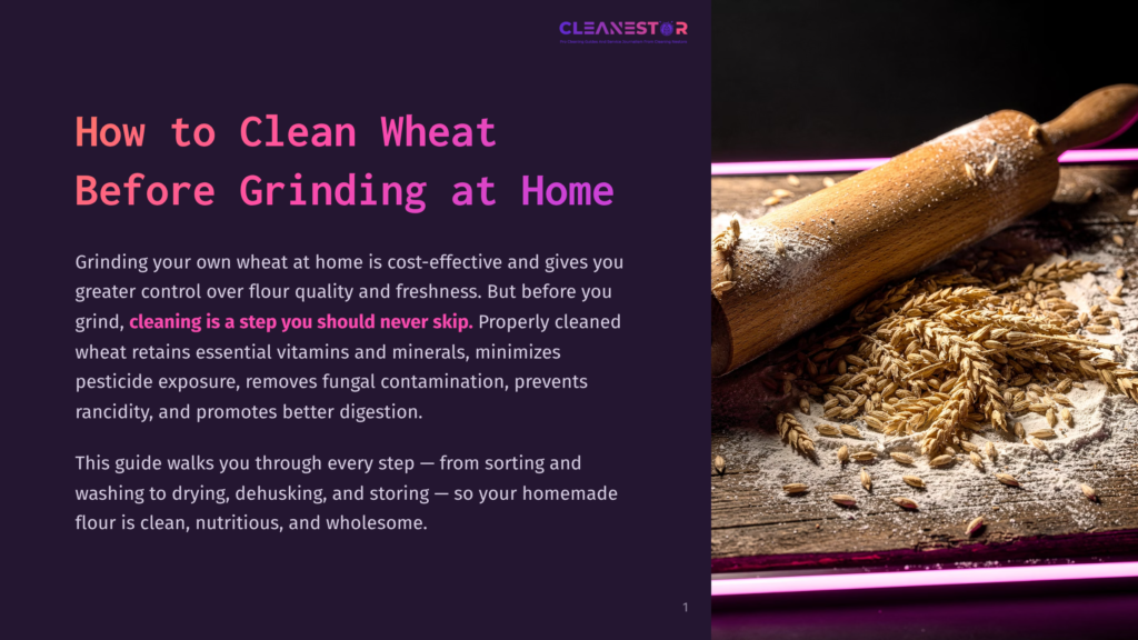1 How To Clean Wheat Before Grinding At Home A Wooden Rolling Pin Rests On A Wooden Surface Covered With Wheat Grains, Flour, And A Few Tiny Stones. In The Background, A Title Reads &Quot;How To Clean Wheat Before Grinding At Home.&Quot; The Wheat Grains Appear Clean And Well-Prepared For Grinding.