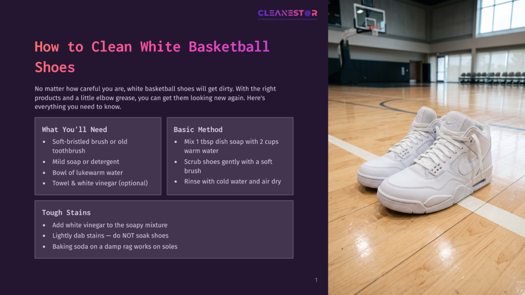 Two Clean White Basketball Shoes Sit On A Polished Wooden Basketball Court. The Text &Quot;Cleanestor&Quot; Is Visible In The Top Right Corner.