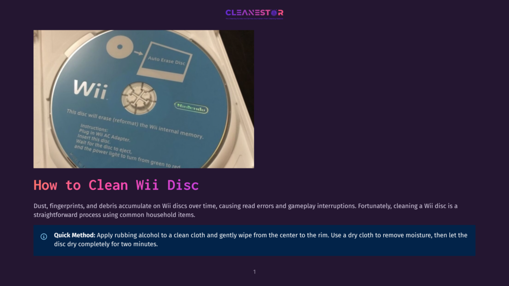 1 How To Clean Wii Disc A Nintendo Wii Disc Is Shown In Its Case, With The &Quot;Auto Erase Disc&Quot; Label Visible. Instructions For Cleaning The Wii Disc Are Displayed On The Right Side Of The Image.