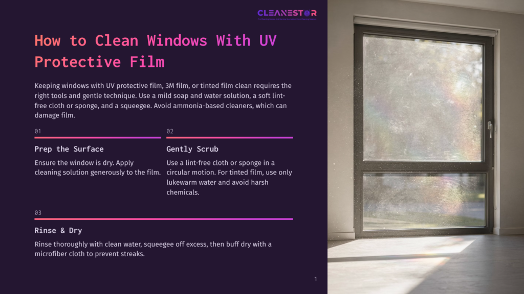 1 How To Clean Windows With Uv Protective Film A Dirty Window With Protective Film Shows Rainbow Streaks And Dust, With A Dark Room In The Background.