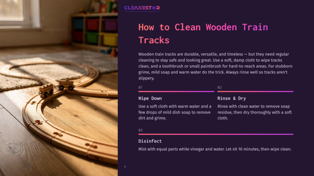 Wooden Toy Train Tracks And Two Small Trains On A Carpeted Floor, With A Graphic Overlay Detailing How To Clean Wooden Train Tracks.