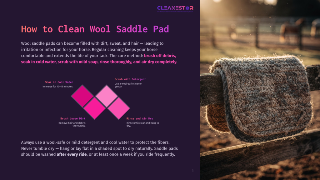 An Infographic Shows The Process Of Cleaning A Wool Saddle Pad, Including Soaking, Scrubbing With Detergent, And Brushing Loose Dirt Before Air Drying. A Woven Wool Saddle Pad Rests On A Wooden Fence.