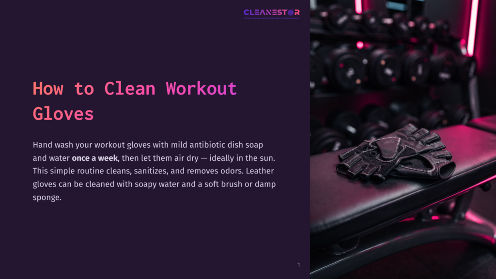 1 How To Clean Workout Gloves Black Leather Workout Gloves Lie On A Gym Bench Next To A Set Of Dumbbells, With Text &Quot;How To Clean Workout Gloves&Quot; Visible.