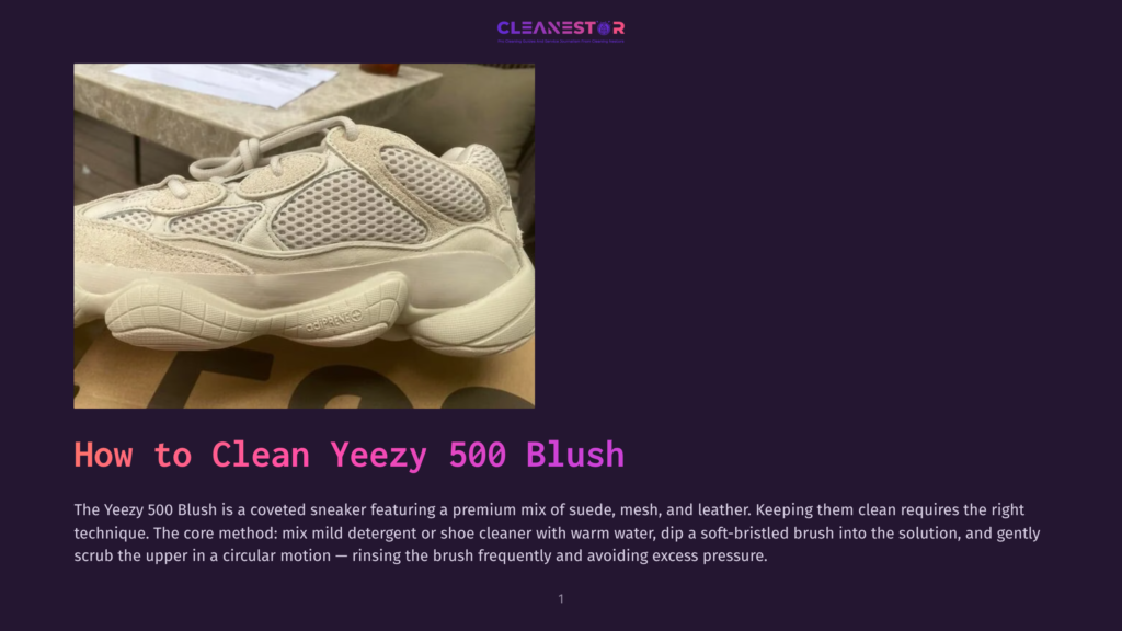 A Close-Up Of A Beige Yeezy 500 Blush Sneaker, Showcasing Its Textured Suede, Mesh, And Leather Upper. The Shoe Rests On A Surface With A Blurred Background.