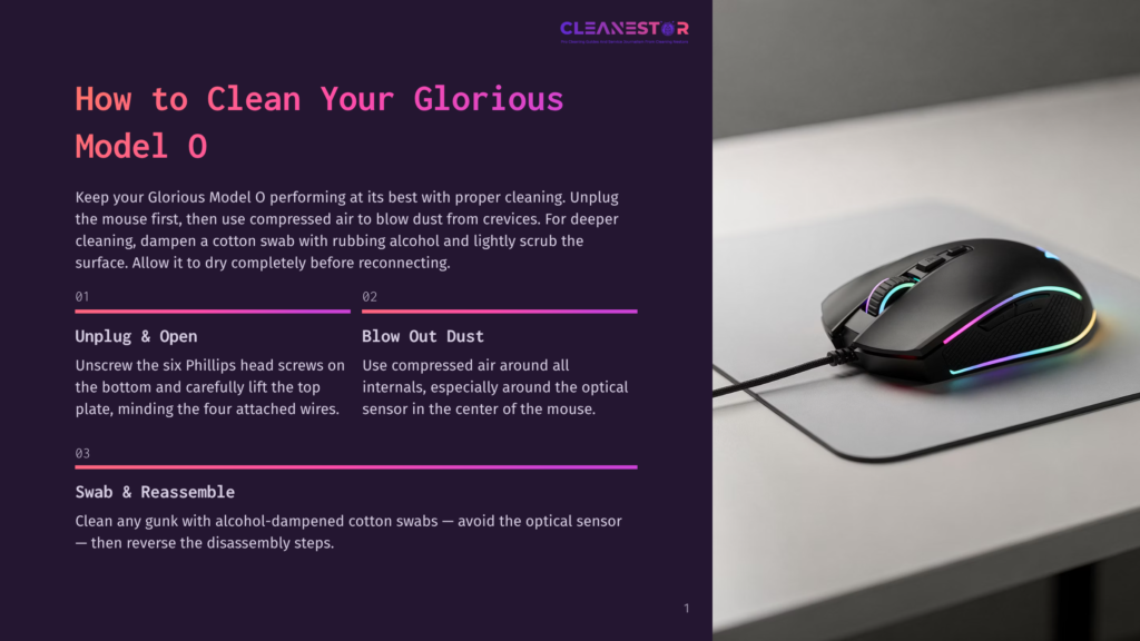 1 How To Clean Your Glorious Model O A Black Glorious Model O Gaming Mouse With Rgb Lighting Sits On A Gray Mousepad, With Instructions For Cleaning The Mouse Displayed On A Purple And White Background.