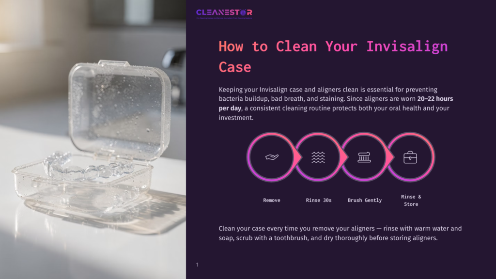 A Clear Plastic Invisalign Case With A Clear Aligner Inside Sits On A Wooden Surface, With A Blurred Car Interior In The Background. The Image Is Part Of A Guide On How To Clean Invisalign Cases.