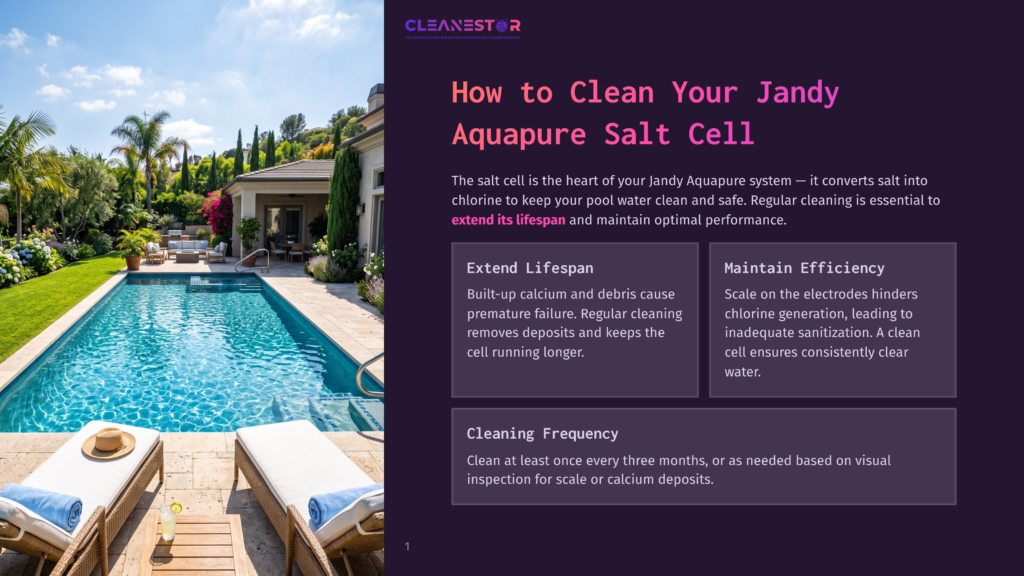 1 How To Clean Your Jandy Aquapure Salt Cell A Luxurious Backyard With A Sparkling Blue Swimming Pool, Lounge Chairs, And Lush Greenery. Text Overlay Reads: Cleanestor, How To Clean Your Jandy Aquapure Salt Cell.