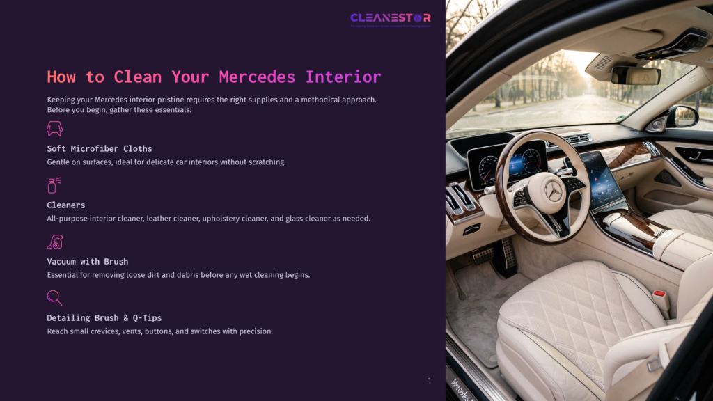 1 How To Clean Your Mercedes Interior Interior Of A Luxury Mercedes-Benz Car, Featuring Plush Cream Leather Seats, A Modern Dashboard With A Large Screen, And A Detailed Steering Wheel. The Image Captures The Clean And Sophisticated Ambiance Of A High-End Vehicle.