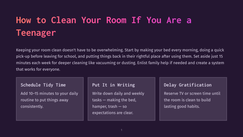 A Dark Purple Background With A Title &Quot;How To Clean Your Room If You Are A Teenager&Quot; In Pink And White Text. Below The Title Are Three Boxes With Tips: &Quot;Schedule Tidy Time&Quot;, &Quot;Put It In Writing&Quot;, And &Quot;Delay Gratification&Quot;.