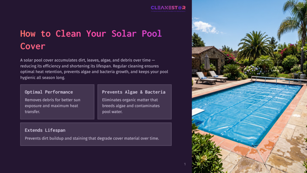 A Solar Pool Cover Lies On A Sparkling Blue Swimming Pool Surrounded By A Brick Patio And Lush Green Landscaping. The Cover Is Blue With A White Border And Has The Text &Quot;Cleanestor&Quot; At The Top.