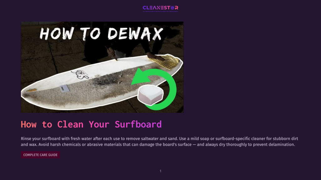 A Person Is Shown Cleaning A Surfboard With A Sponge And Soap, With Text Overlay &Quot;How To Dewax&Quot; And &Quot;How To Clean Your Surfboard&Quot; Below.