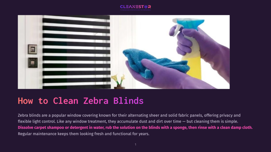 Close-Up Of Hands Wearing Purple Cleaning Gloves Wiping A Blue Cloth On A Spray Bottle, With A Window Featuring Black And White Zebra Blinds In The Background.