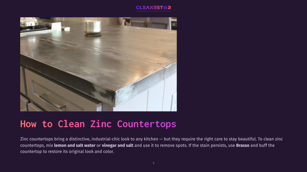 Close-Up Of A Rustic, Industrial-Chic Zinc Countertop In A Modern Kitchen, Showing Its Textured Surface And Seamless Construction. Text Overlay Reads &Quot;How To Clean Zinc Countertops&Quot;.
