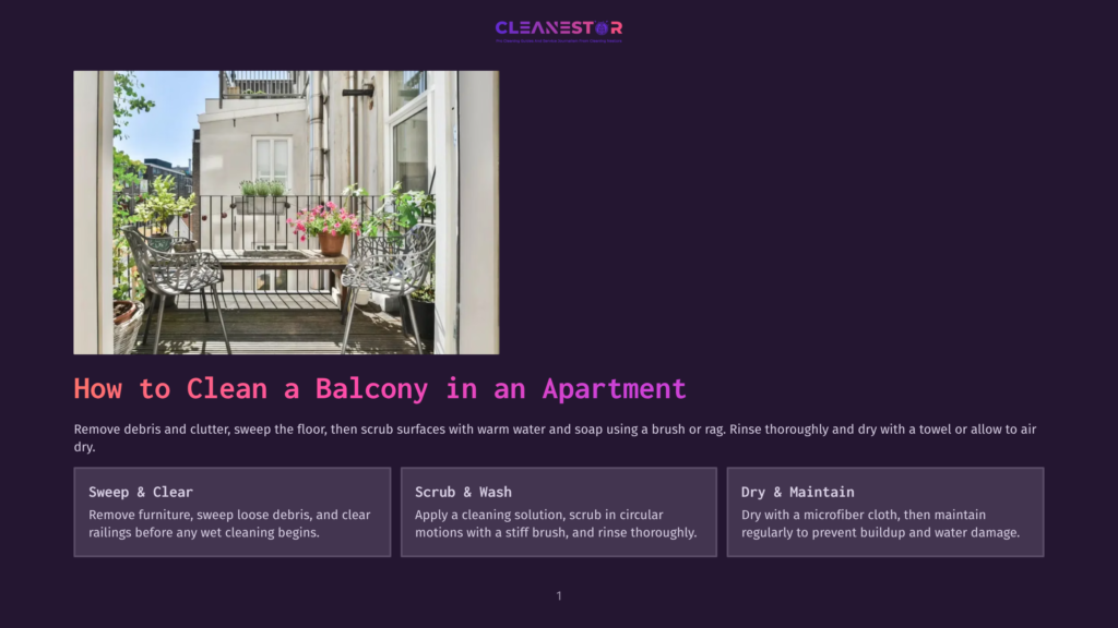 1 How To Clean A Balcony In An Apartment A Clean Apartment Balcony With White Railings, A Table, Chairs, And Potted Plants, Bathed In Sunlight, With The Text &Quot;How To Clean A Balcony In An Apartment&Quot; Overlaid.