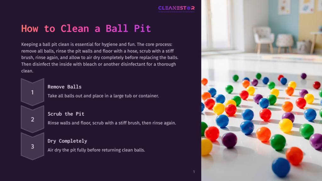 Infographic Titled &Quot;How To Clean A Ball Pit&Quot; With Steps: Remove Balls, Scrub The Pit, Dry Completely. Background Shows Colorful Balls In A Ball Pit.
