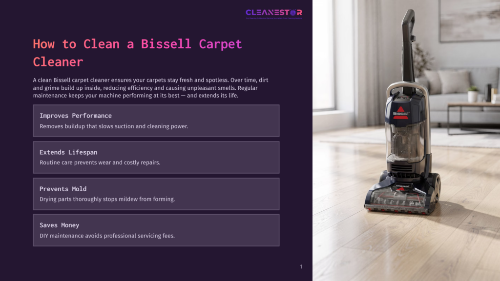 A Bissell Carpet Cleaner Stands Upright In A Living Room Setting, With The Text &Quot;How To Clean A Bissell Carpet Cleaner&Quot; And Bullet Points About Benefits Like &Quot;Improves Performance&Quot; And &Quot;Extends Lifespan&Quot; Overlaid On The Left.