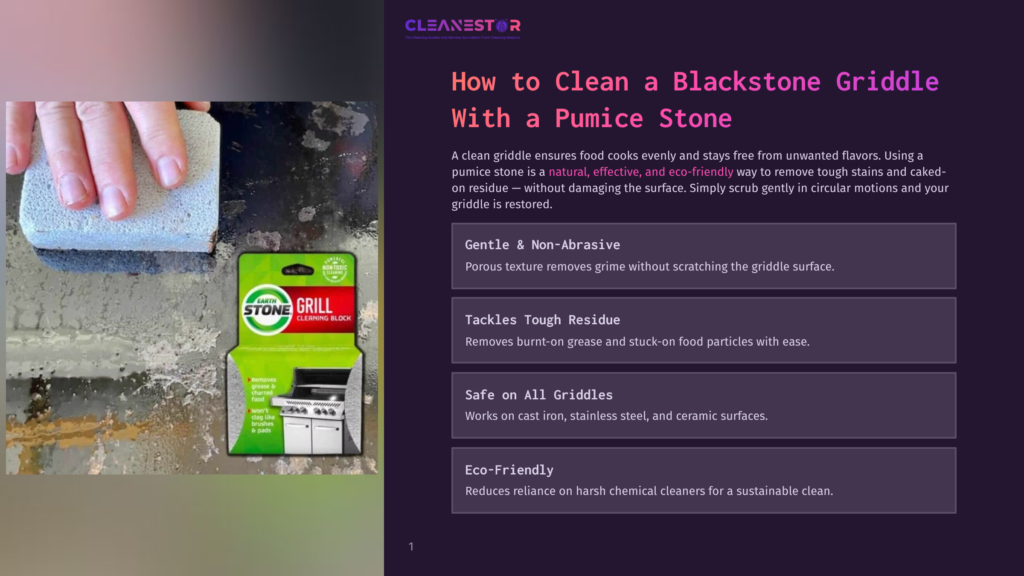 Close-Up Of A Hand Holding A Pumice Stone Cleaning Block Over A Blackstone Griddle, With The &Quot;Cleanestor Grill Stone Cleaning Block&Quot; Packaging Visible.