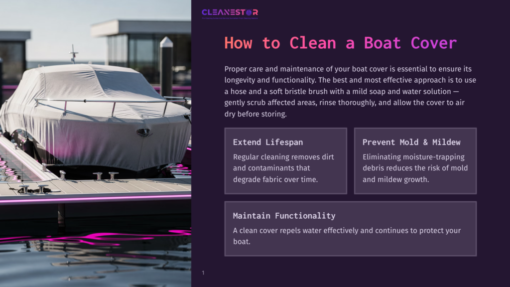A Boat Covered With A Grey Tarp Rests On A Dock, With Pink Neon Lights Reflecting On The Water. The Image Features The Text &Quot;Cleanestor&Quot; And &Quot;How To Clean A Boat Cover&Quot;.