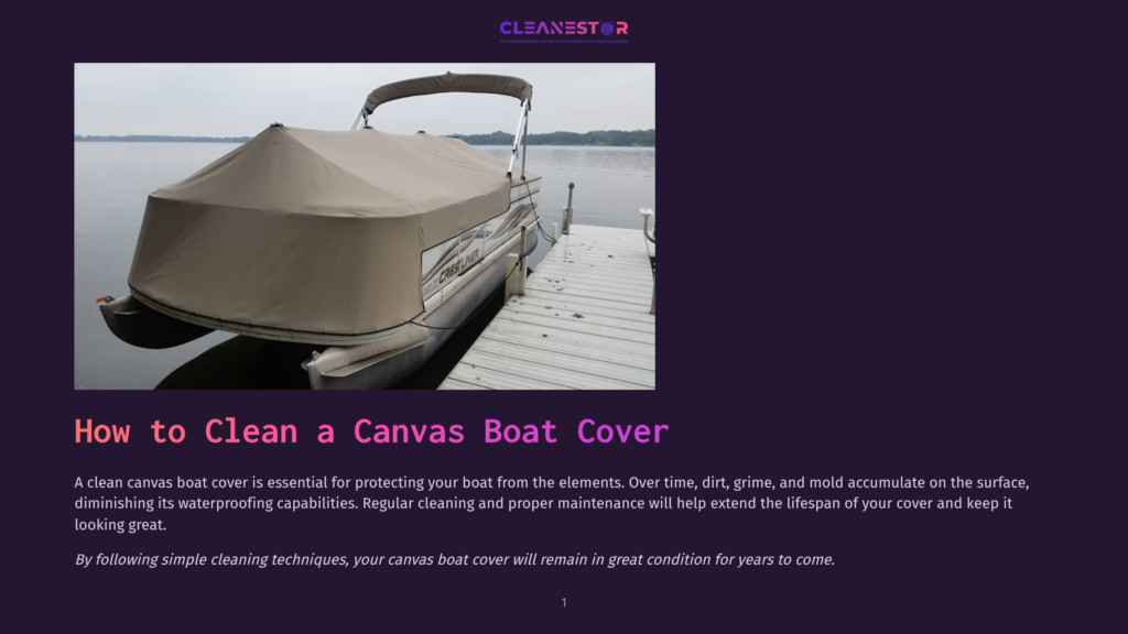 A Tan Canvas Boat Cover Protects A Pontoon Boat Docked On A Wooden Pier. The Boat Is On Calm Water With Trees In The Background.