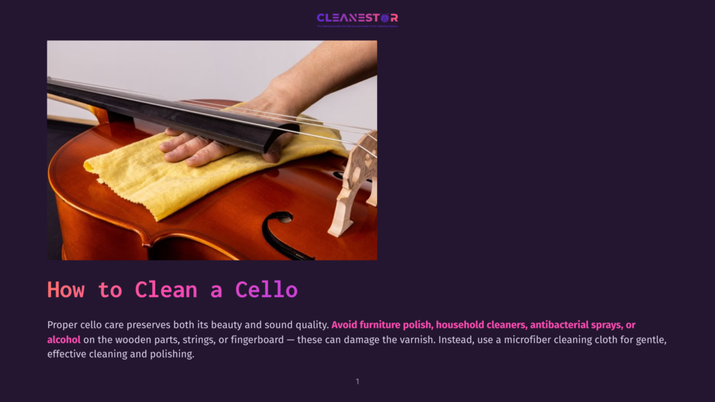 Close-Up Of Hands Cleaning A Rich Brown Cello With A Yellow Microfiber Cloth, Highlighting The Instrument'S Polished Wood And Strings. Text Overlay: &Quot;How To Clean A Cello&Quot;.