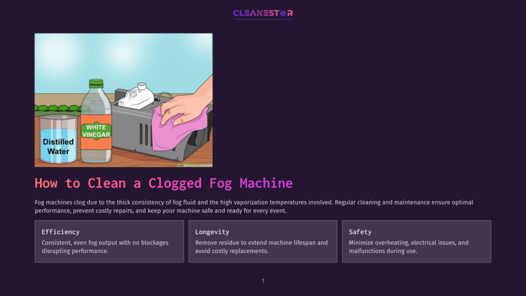 Illustration Of Cleaning A Fog Machine With Distilled Water And White Vinegar, With Text &Quot;How To Clean A Clogged Fog Machine&Quot; And Sections On Efficiency, Longevity, And Safety.