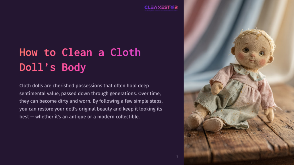 A Vintage Cloth Doll With Rosy Cheeks And A Pink And Green Dress Sits On A Weathered Wooden Surface. The Text &Quot;How To Clean A Cloth Doll'S Body&Quot; Is Overlaid On A Dark Purple Background On The Left.