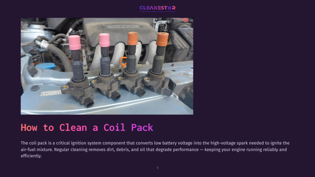 Close-Up Of Four Car Ignition Coil Packs In A Car Engine Bay, With Colorful Tops (Pink, Pink, Orange, Orange). The Text &Quot;How To Clean A Coil Pack&Quot; Is Visible.