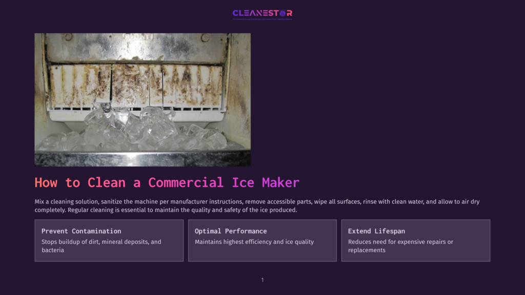 A Commercial Ice Maker With Dirty Ice Bin And Grimy Ice Molds, With The Text &Quot;How To Clean A Commercial Ice Maker&Quot; Overlayed.