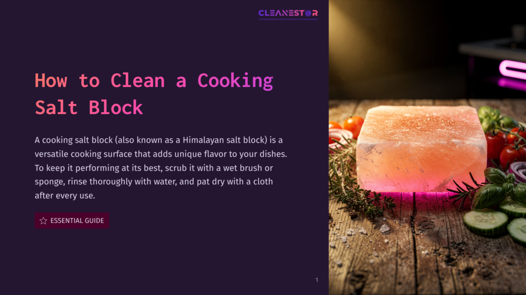 A Pink Himalayan Salt Block, Glowing From Within, Sits On A Rustic Wooden Surface Surrounded By Fresh Vegetables And Herbs. The Text &Quot;Cleanestor&Quot; Is Visible In The Top Right Corner.