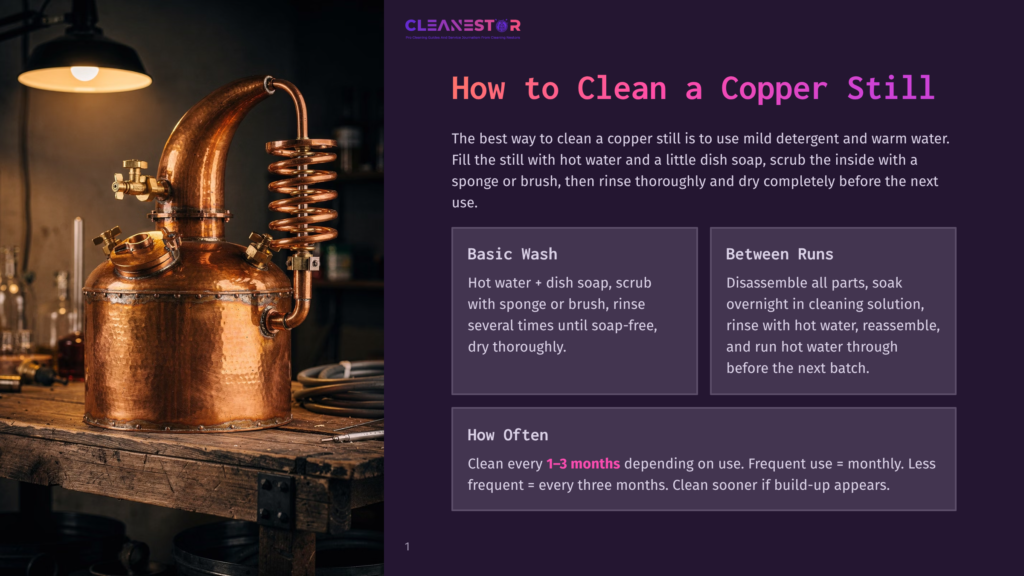 A Copper Still, With Intricate Detailing, Stands On A Rustic Wooden Surface, Illuminated By A Warm Overhead Light. A Small Bottle Of Liquid Sits Next To It, Indicating The Process Of Cleaning The Still. The Setting Suggests A Workshop Or Home Laboratory Environment.
