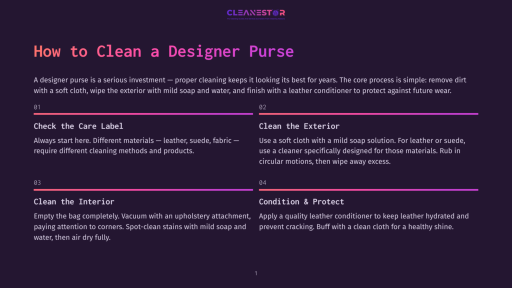 Infographic Titled &Quot;How To Clean A Designer Purse&Quot; With Four Steps: 1. Check The Care Label, 2. Clean The Exterior, 3. Clean The Interior, 4. Condition &Amp; Protect. The Text Guides Users On Cleaning Designer Handbags.