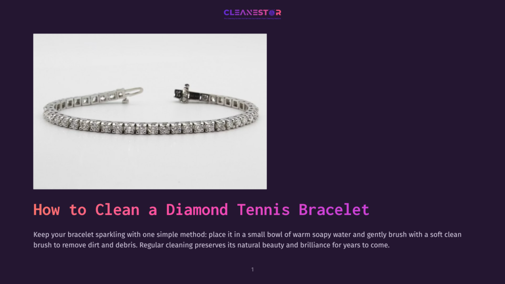 A Close-Up Of A Sparkling Diamond Tennis Bracelet On A White Background, With The Text &Quot;How To Clean A Diamond Tennis Bracelet&Quot; Overlaid In Large, Bold Letters.