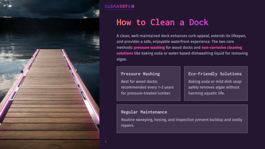 A Dock Illuminated By Pink Lights At Night, Extending Over A Calm Body Of Water With Reflections Of The Sky. The Dock Has A Wooden Surface And Is Labeled &Quot;Pressure Washing&Quot; And &Quot;Eco-Friendly Solutions&Quot; In The Foreground.