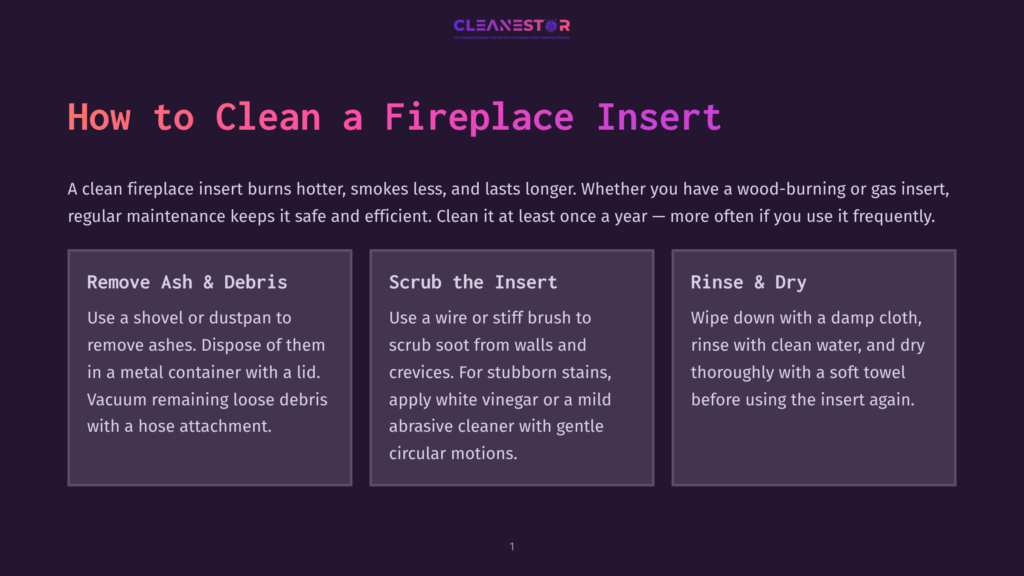 Diagram Illustrating How To Clean A Fireplace Insert: Remove Ash &Amp; Debris, Scrub The Insert, And Rinse &Amp; Dry. Text Includes &Quot;Cleanestor&Quot; Logo.