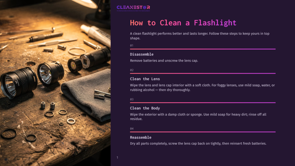 A Workbench With Disassembled Flashlight Parts, Tools, And A Cleaning Cloth, With Text Overlay &Quot;How To Clean A Flashlight&Quot; And Steps 01-04.
