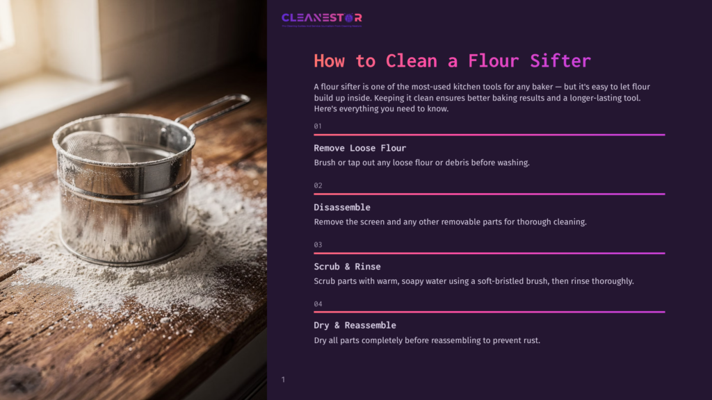 A Vintage Metal Flour Sifter Rests On A Wooden Surface Dusted With Flour, With Soft Light Streaming In From A Window.