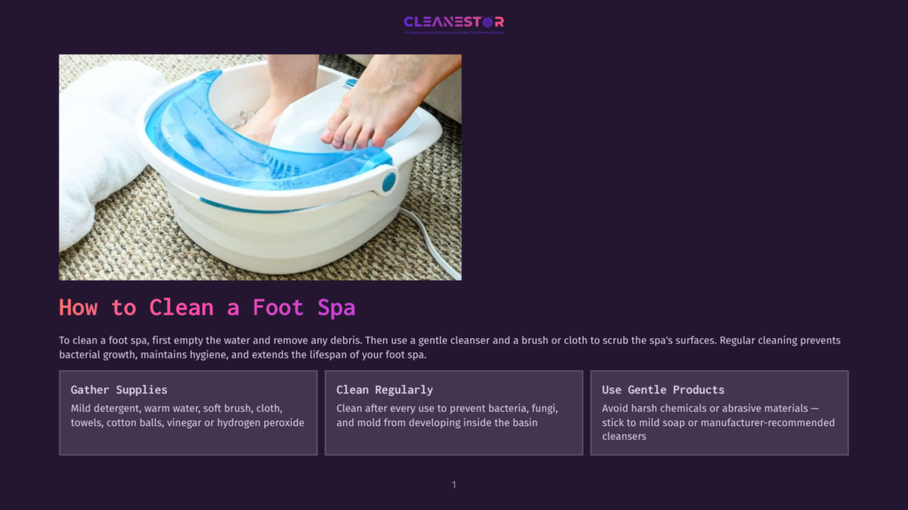 A Person'S Feet Are Soaking In A White And Blue Foot Spa Filled With Water And Bubbles, With A Fluffy White Towel Draped Nearby. The Image Is Part Of A Guide On How To Clean A Foot Spa.