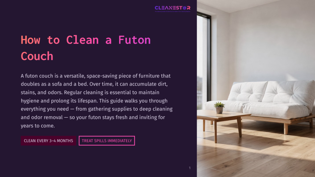 A Clean, Modern Futon Couch In A Bright, Airy Living Room, With Text Overlay &Quot;How To Clean A Futon Couch&Quot;.