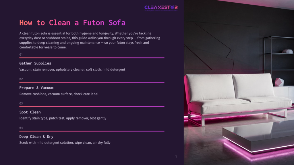 1 How To Clean A Futon Sofa Modern Living Room With A White Futon Sofa Illuminated By Pink Led Lights, Next To A Glass Coffee Table And A Dark Shelving Unit.