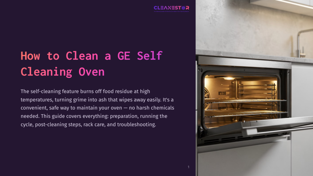 An Open, Modern Ge Self-Cleaning Oven With Illuminated Interior And Shiny Racks, Ready For Cleaning.