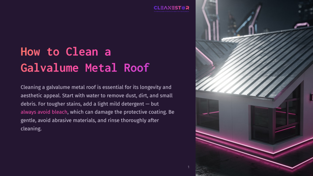 A Modern House With A Shiny Galvalume Metal Roof, Illuminated By Pink Lights At Night, Set Against A Dark Backdrop.