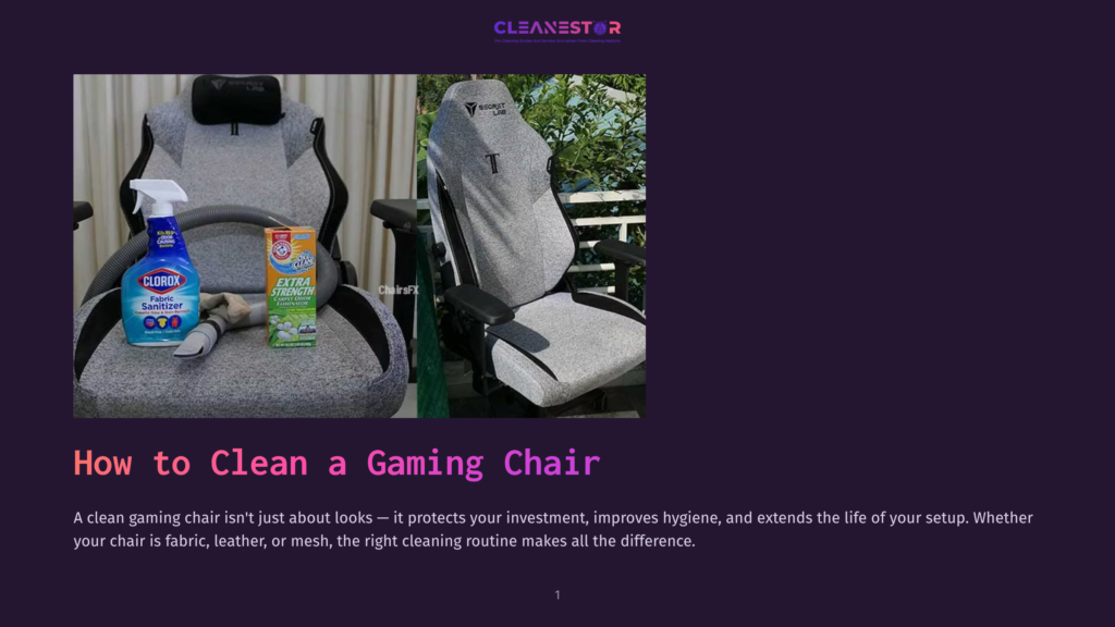 Two Secretlab Gaming Chairs, One With Clorox Fabric Sanitizer And Arm &Amp; Hammer Baking Soda, Ready For Cleaning. The Text &Quot;How To Clean A Gaming Chair&Quot; Is Visible.