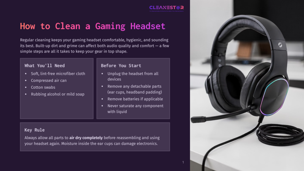 1 How To Clean A Gaming Headset Close-Up Of A Black Gaming Headset With Rgb Lighting On The Earcups, Resting On A Dark Surface With Its Coiled Cable. The Image Includes Text Overlay With Cleaning Tips For Gaming Headsets.