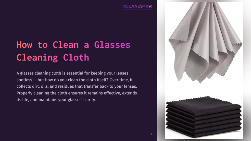 A Stack Of Folded Black Microfiber Glasses Cleaning Cloths Sits Below A Draped Light Grey Microfiber Cleaning Cloth, Illustrating How To Clean A Glasses Cleaning Cloth.