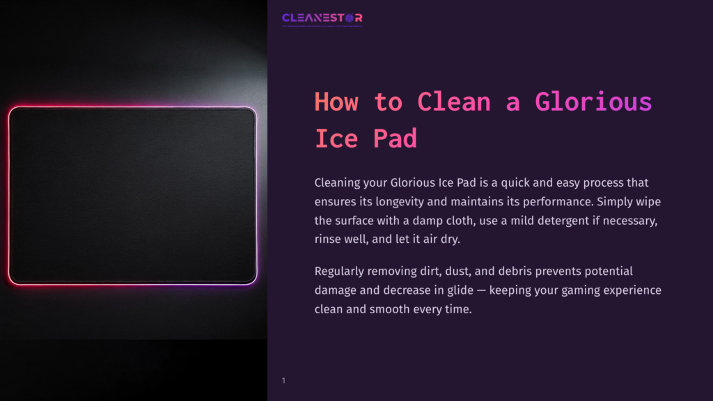 1 How To Clean A Glorious Ice Pad A Black Glorious Ice Gaming Mousepad With A Vibrant Pink And Purple Led Border Sits On A Dark, Reflective Surface, With The Text &Quot;Cleanestor How To Clean A Glorious Ice Pad&Quot; Visible On The Right.