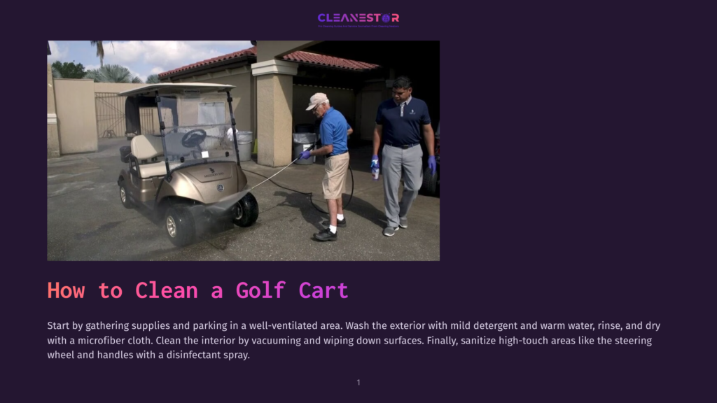 Two Men In A Well-Lit Outdoor Area, One Spraying A Golf Cart With A Hose, The Other Standing Nearby. Text Overlay Reads &Quot;Cleanestor Pro Cleaning Service&Quot;.